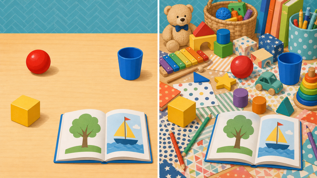 Side-by-side illustration of four objects on a clear table and the same objects surrounded by many patterned toys and papers.