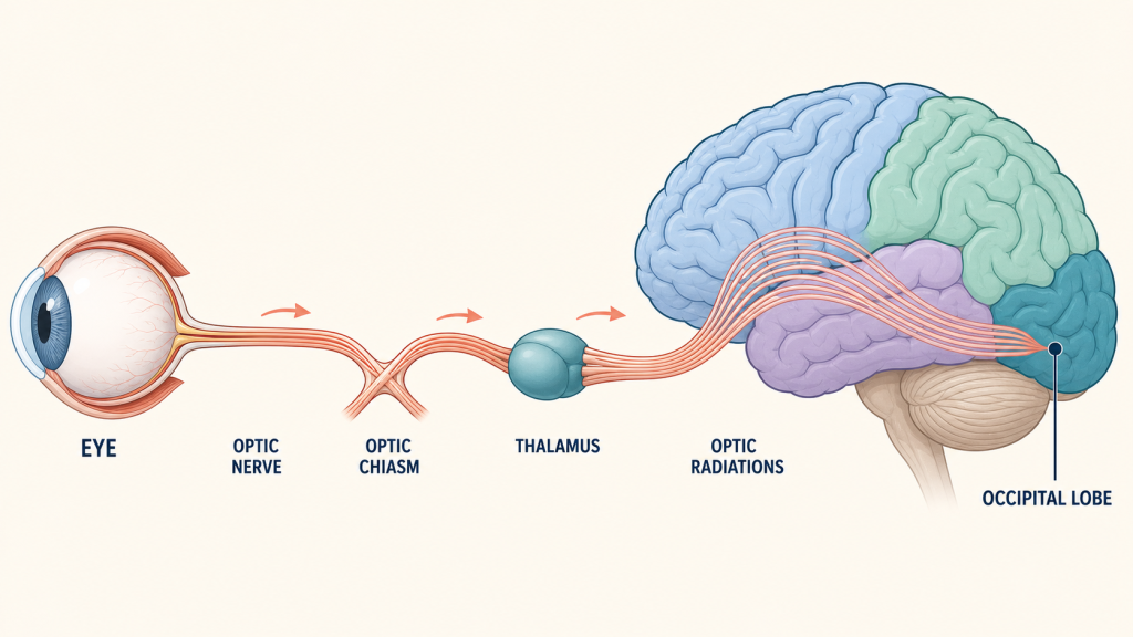 Simplified visual pathway from the eye through the optic nerve, optic chiasm, thalamus and optic radiations to the occipital lobe.