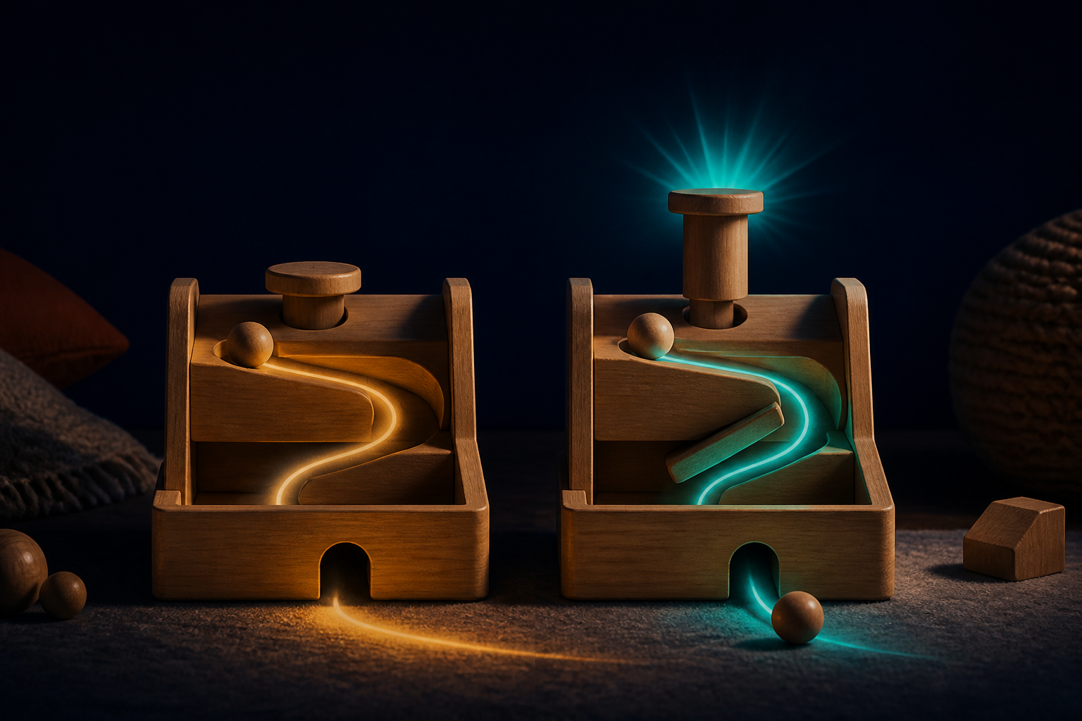 A wooden toy contrasts an expected path with an unexpected outcome.