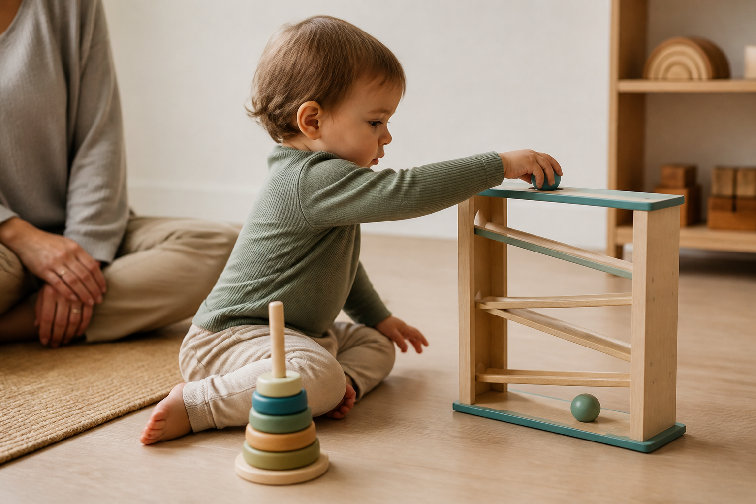 A child explores a wooden ball ramp while an adult stays nearby.